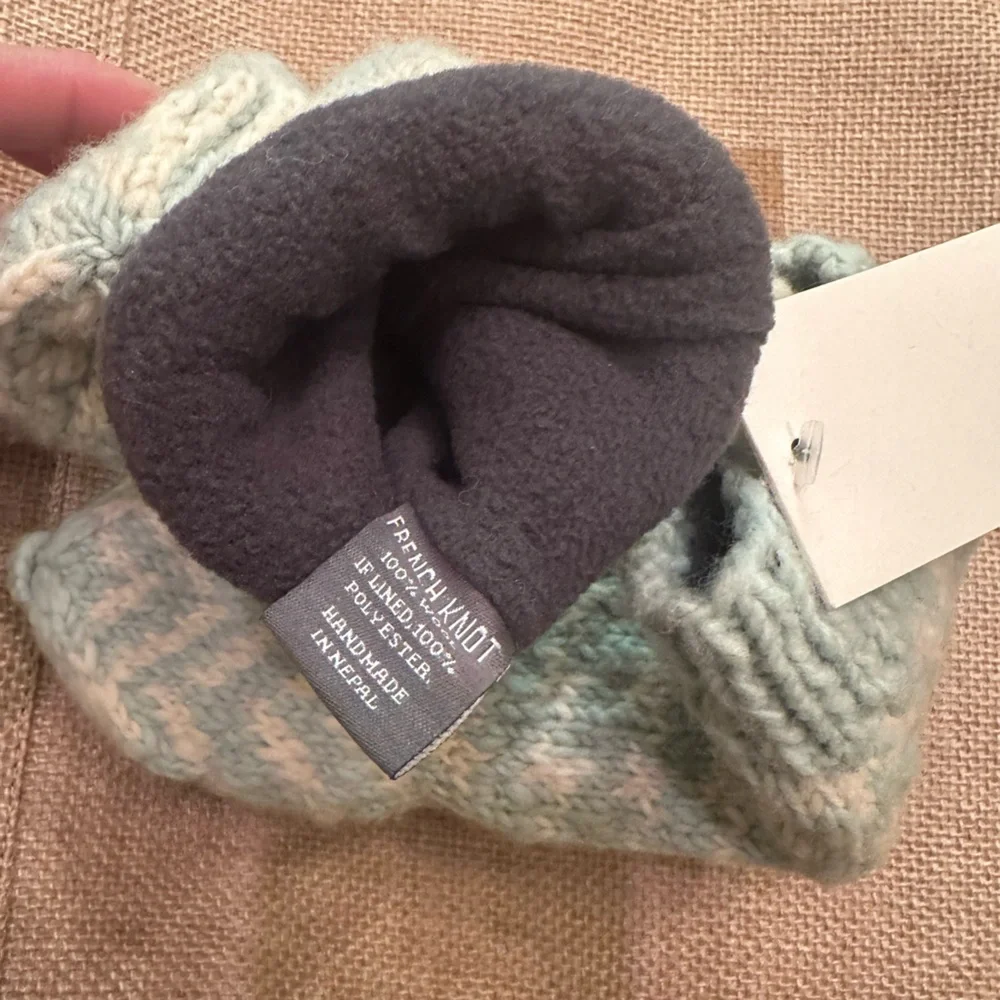 French Knot Hand Knit In Nepal Aqua Blue - Cream Convertible Wool Mittens
